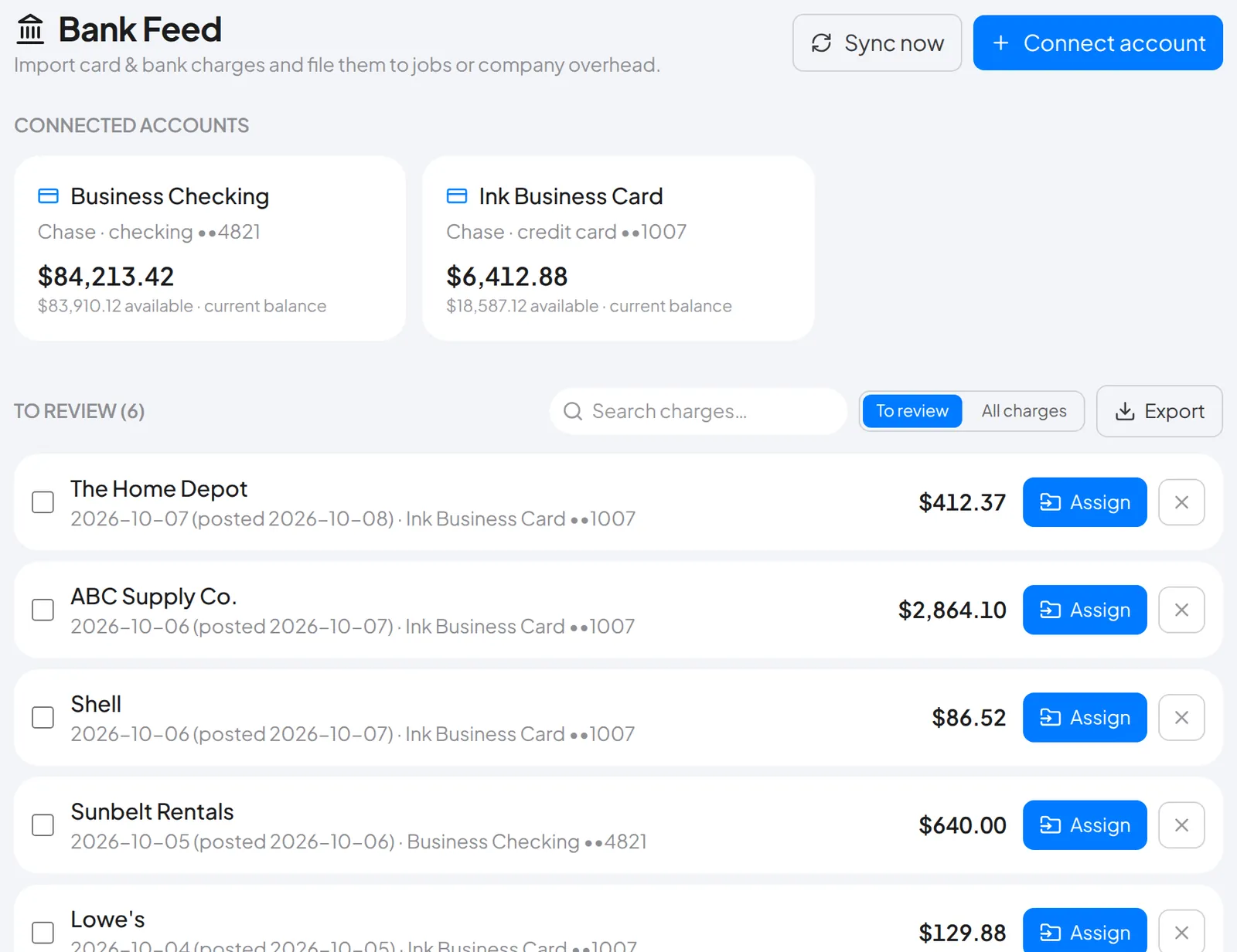 The bank feed: a checking account and a card, with charges waiting to be filed.