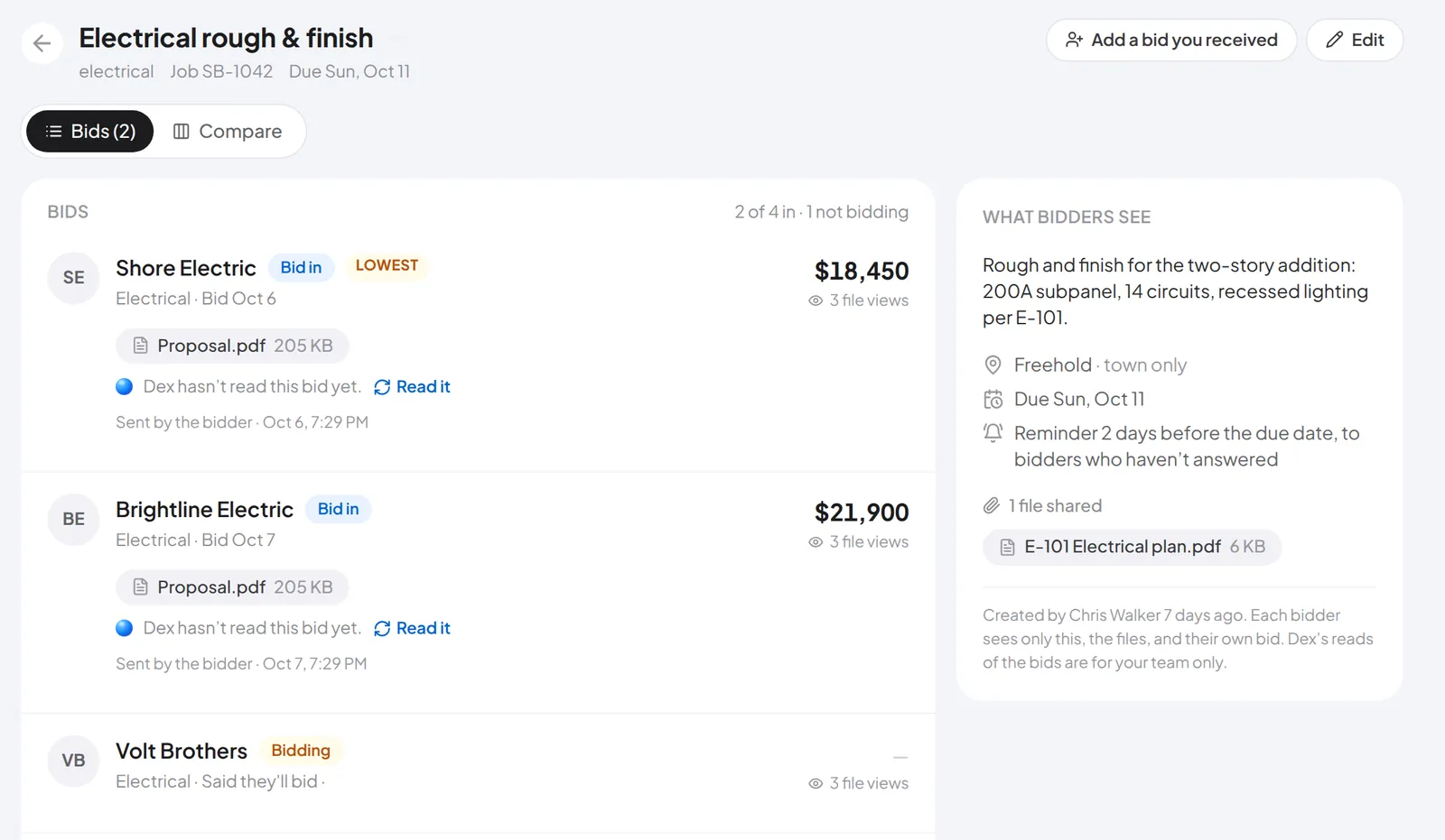 A bid request with two bids in, one sub still bidding and one who declined.