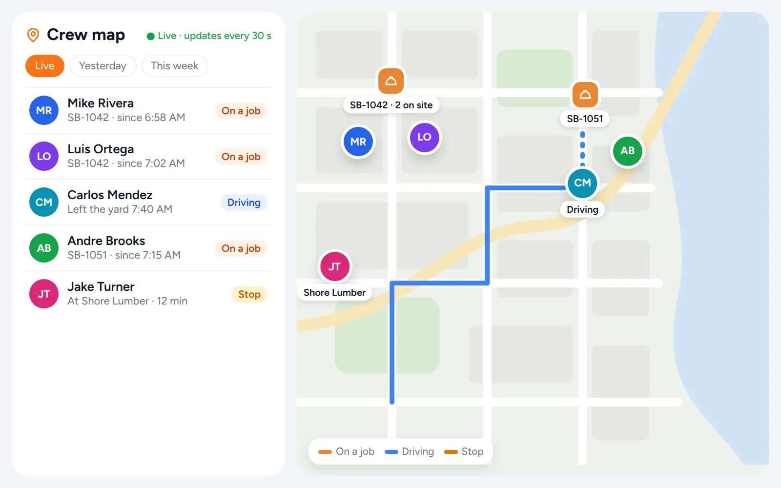 The crew map: crew on the clock at three job sites and one driving, with their status on the left.