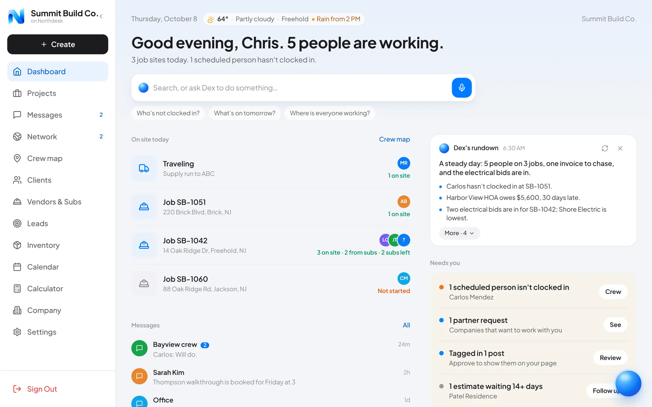 The Northdesk Dashboard: who is on site at each job today, what needs you, and Dex’s questions from the end-of-day photos.