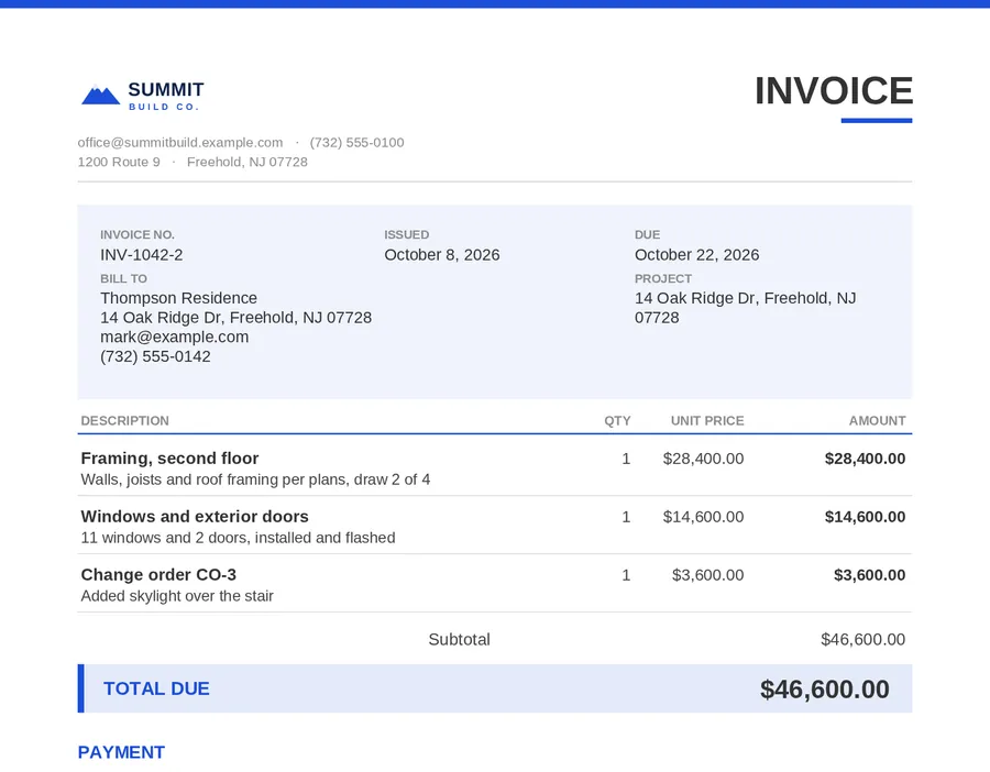 An invoice with the contractor’s own logo and colors.