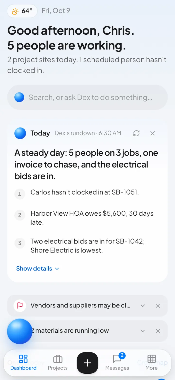 The Northdesk Dashboard on a phone: people on site at each job.