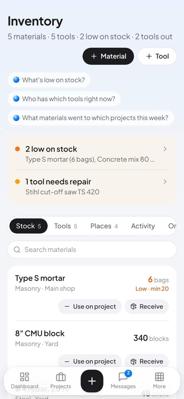 Inventory on a phone: materials low on stock and a tool that needs repair.